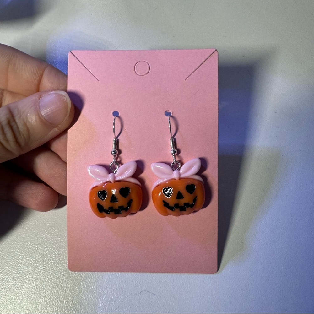 Girly bow jack o lantern pumpkin handmade earrings